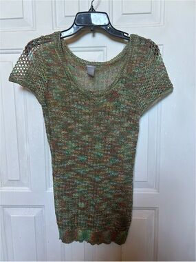 Lightweight Multicolor Knit Scoop Neck Top - Green/Brown/Tan
